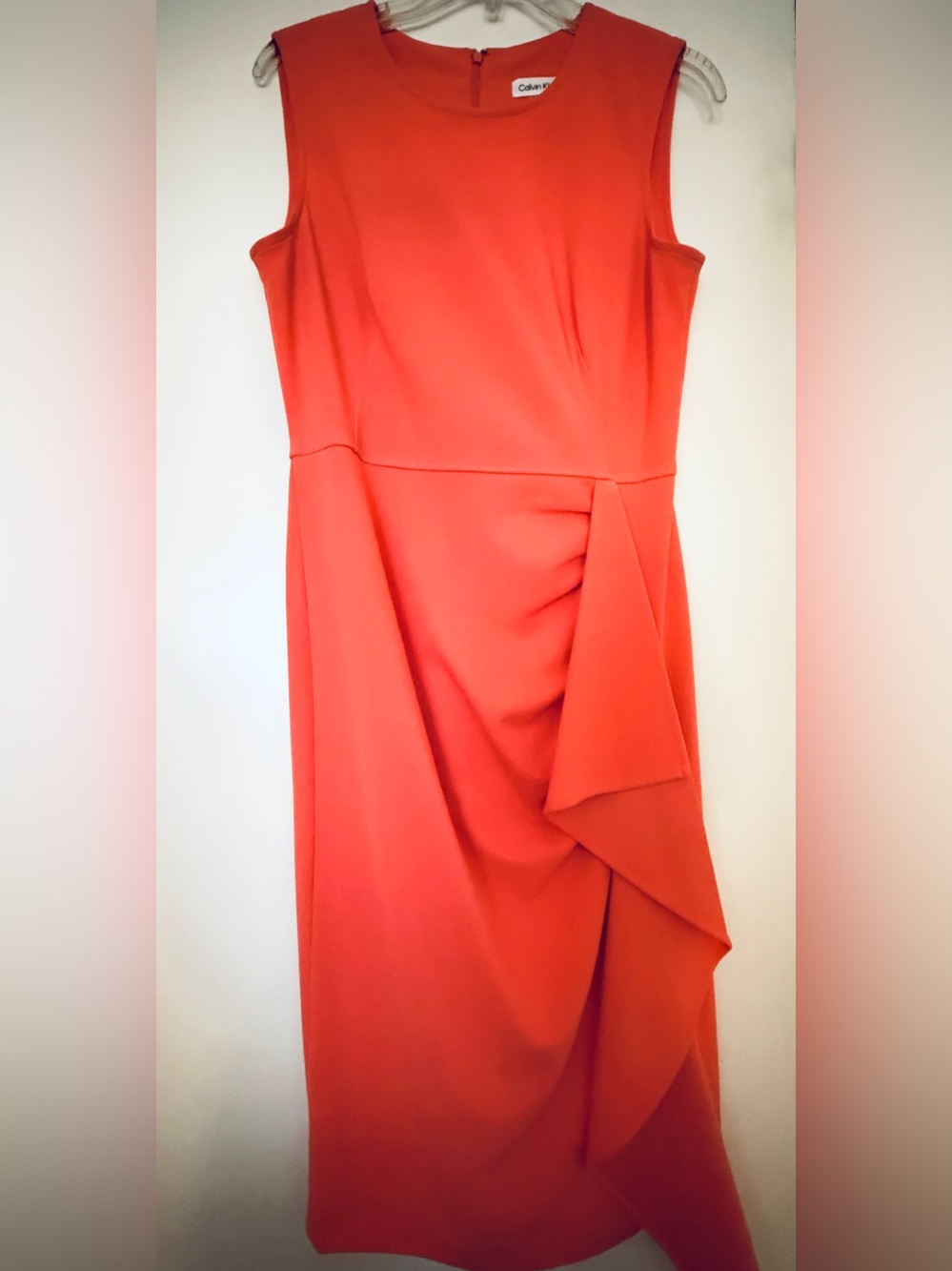 HOT DEAL! Calvin Klein Coral Midi Dress with Side Ruffle. Size 8. - Picture 1 of 4